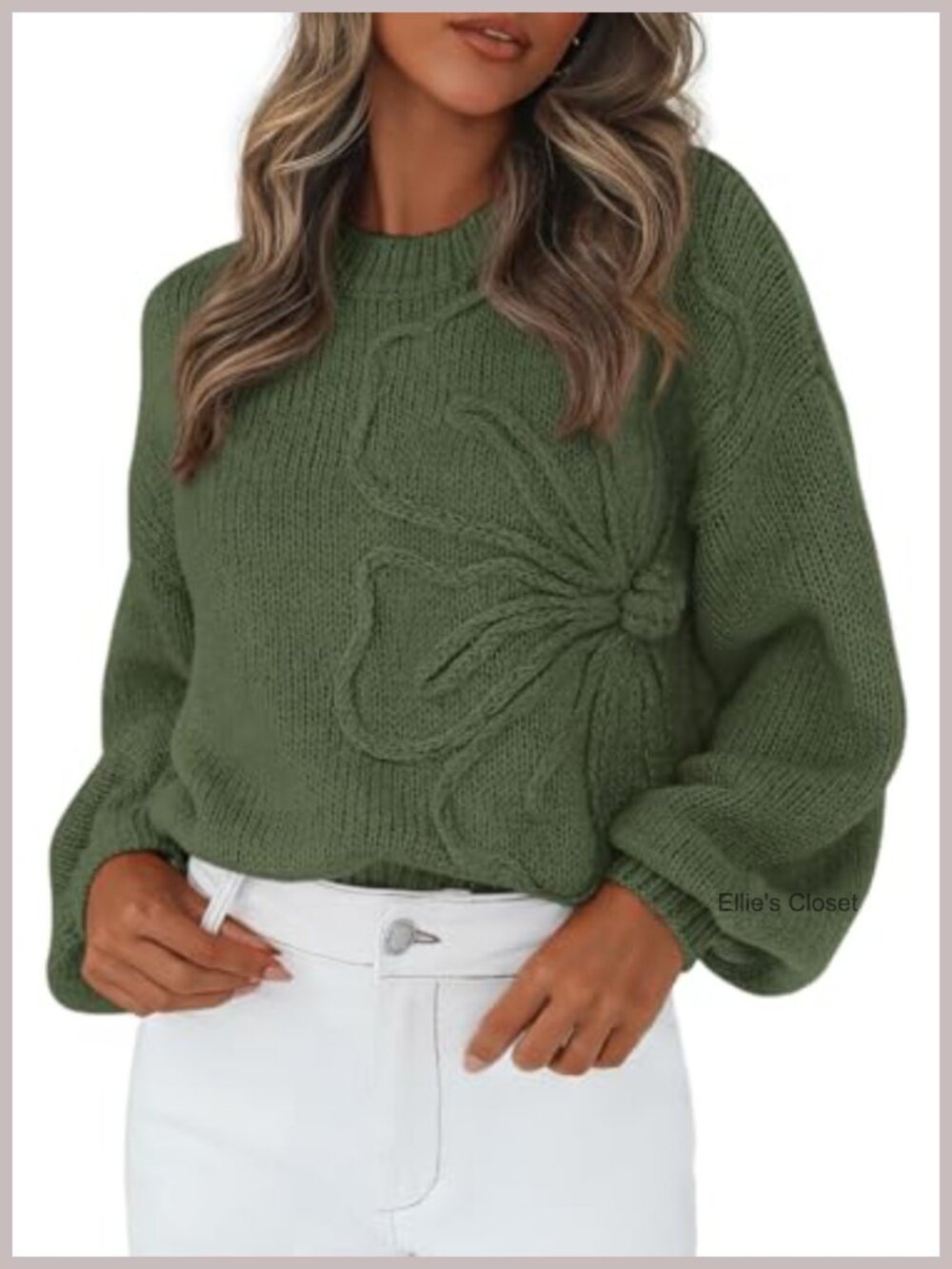 Oversized 3D Floral Knit Sweater Women Chunky Crew Neck Long Lantern Sleeve - Picture 1 of 6